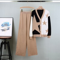 Ensemble de mode B4907 pour femmes, automne, peinture à l'encre, jacquard, haut en tricot ample à manches longues, pantalon large, ensemble deux pièces