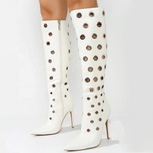 Summer Women Knee High Boots Metal Holes Stiletto Dress <b>Shoes</b> Slim Heels Eyelet-embellished Long Booties - Product Image 4