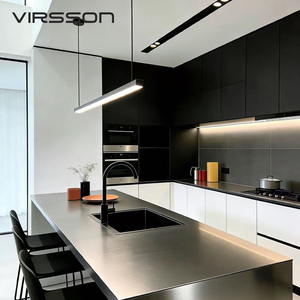 Meubles de cuisine modulaires modernes en acier inoxydable avec évier et crédence, portes en contreplaqué pour appartement - Product Image 1