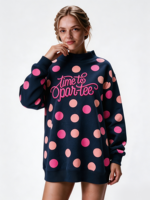 Sweat-shirt tendance pour femmes à col montant à pois, longueur allongée, avec logo brodé personnalisé