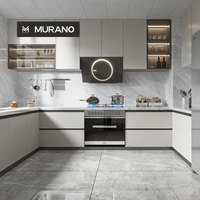 Meubles de cuisine modulaires modernes et minimalistes avec vitrine LED double face, ensemble de cuisine sans poignées pour projets d'appartements