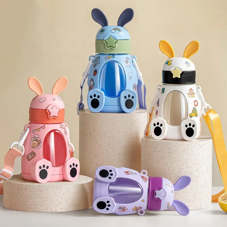 Niedliche Kaninchen wasser flasche Auslaufs ichere Flip-Top-Deckel Plastik wasser flasche mit Strohhalm für Kinder