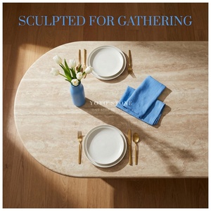 Tavolo da Pranzo in Travertino Lucidato, Forma Ovale Morbida con Colonne Romane Scanalate, Design Minimalista Moderno per Villa e Appartamento - Product Image 2