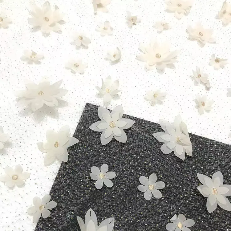 Penjualan Terbaik populer jala lembut Tulle Afrika 3d bunga teratai payet kain bordir untuk gaun pesta pernikahan gaun