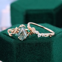 Ensemble de bagues de mariée en agate mousse taillée en cerf-volant, ensemble de bagues en argent avec design de feuille en CZ émeraude pour femmes