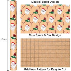 Kraft Christmas Wrapping <b>Paper</b> <b>Roll</b> 17 In X 33 Ft Santa Claus Pattern Recyclable Packaging <b>Paper</b> - Product Image 3