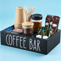 Organisateur de station à café, organiseur d'accessoires de comptoir en bois avec séparateurs amovibles pour condiments, sirops, tasses à thé, agitateurs