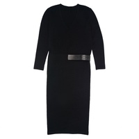 Robe midi décontractée en polyester tricoté, col en V, sans manches, avec détail ceinture en cuir, coupe trapèze, pour l'automne
