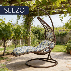 Chaise suspendue d'extérieur moderne avec structure en rotin PE et en fer, coussin imperméable pour patio et jardin - Product Image 1