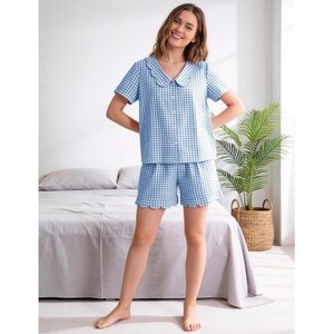 Conjunto de Pijama Casual para Mujer, Tejido Suave, Cuadros, 2 Piezas, Camisa de Manga Corta, Pantalones Cortos, Cuello Festoneado, Estilo Y2K - Product Image 3