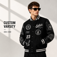Veste de baseball en laine noire avec logo personnalisé pour homme, manches en cuir, veste de style universitaire, broderie de patch en chenille, fabrication OEM