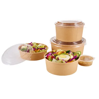 Fiambrera de comida rápida desechable kraft, contenedor de sopa de 32 oz, tazón para llevar, tazón de papel para ensalada con tapa