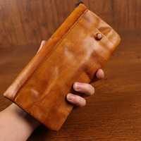 Portefeuille long en cuir de vachette huilé et ciré, multi-saisons, style Crazy Horse, véritable, vintage, pour voyage, avec porte-cartes