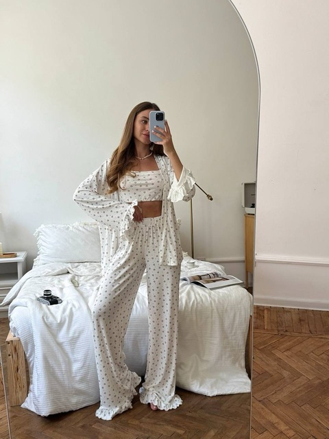 Cami Ruffle Patchwork Pajamas Long Sleeve Cardigan Homewear 3-Piece Cami Pants Set Women's Fashion Sleepwear Set