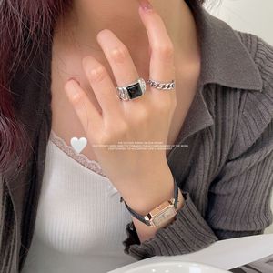<b>Silver</b> Ruitai S925 <b>Sterling</b> <b>Silver</b> Black Agate Tank Chain <b>Adjustable</b> <b>Ring</b> For Women Everyday Wear Geometric Design - Product Image 5