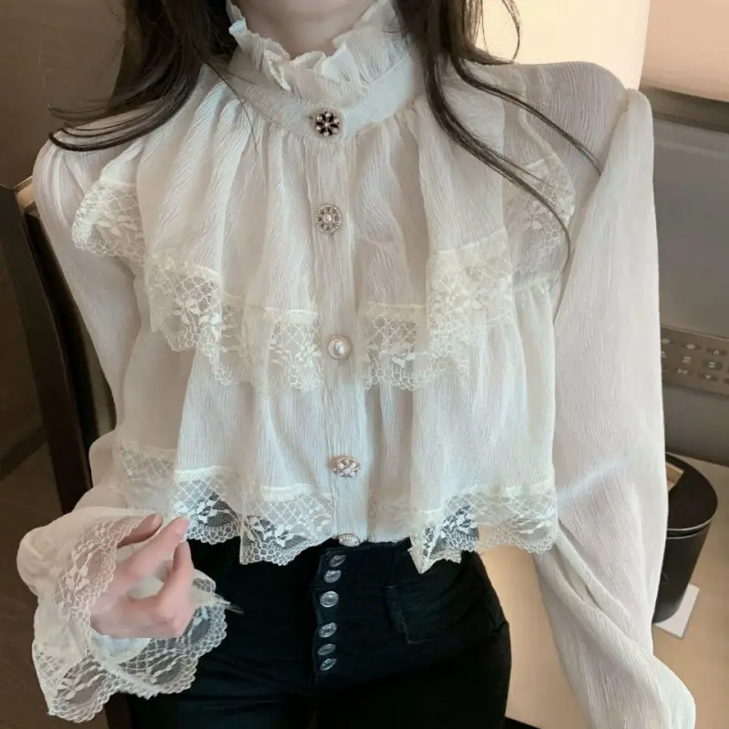 Fashion Korean White Blouse Women Blusas Stand Neck Chiffon Shirts Long Sleeve Ruffles Lace Blouses Vintage Elegant Femme Tops