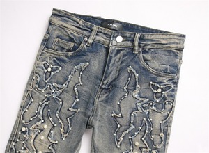 YUANBOFEI <span class=keywords><strong>Jeans</strong></span> da <span class=keywords><strong>Uomo</strong></span> di Alta Qualità, Slim Fit, a Zampa, in Denim Strappato con Borchie e Ricami, Design Vintage a Vita Media, Casual - Product Image 3