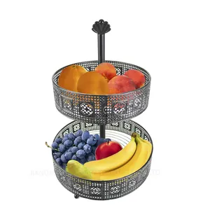 Encimera 2 niveles Cesta de frutas de alambre de hierro Pan Fruta Vegetal Exhibición Cesta de almacenamiento de cocina