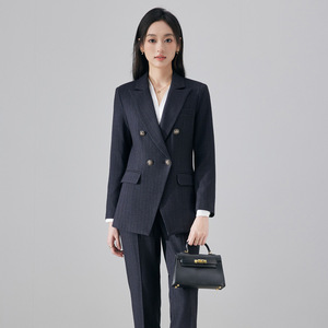 Women's Wool Suit Set Double Breasted Blue Formal Workwear Office Wear Professional Attire Interview Uniform - Product Image 3