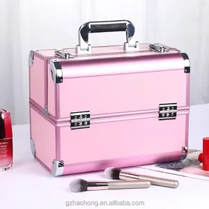 ピンクのアルミニウムスーツケーストレイ付きポータブル化粧ケース大きな収納マニキュアメイクアップケースサロン用バニティボックスカスタマイズオープン