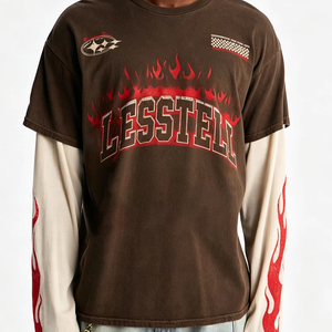 Camiseta LTD-MTL1018 LESSTELL Premium con Diseño de Llama <span class=keywords><strong>en</strong></span> Capas, Fábrica Verificada, 320GSM, Alta Densidad, Lavado Moderno - Product Image 1