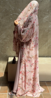 Abaya ouverte personnalisée Hafizah OEM à imprimé floral rose, robe musulmane pour femmes, en mousseline transparente à manches larges, style Dubaï, robe islamique modeste pour l'Aïd