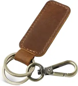 Custom Logo Genuine Leather Car Keychain Universal Key Fob Vintage Crazy Horse Leather Key Chain Holder for Men and Women