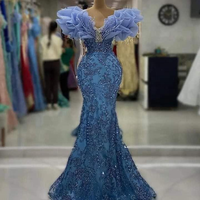 Robe de soirée sirène bleue élégante à volants et épaules bouffantes, ornée de perles et de cristaux, pour bal de promo, événements, tenue de cérémonie arabe, mariage personnalisé