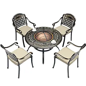 Luxus 4-Personen 42 ''Outdoor Feuerstelle Tisch Holzkohle Aluminium Ess-Set Garten Runde BBQ Tisch Grill und Stühle