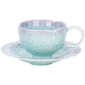 Ensemble de tasses à café en céramique avec glaçure craquelée dégradée, design de bordure en pétales, couleur macaron fraîche, tasse à thé de l'après-midi - Product Image 5