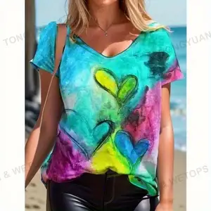 Custom Clothing Manufacturers 2023 Women's New Abstract Character Positioning Print V-Neck Pullover T-Shirt Women's Top