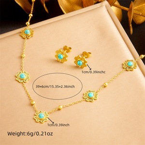Flower Gold Plated Turquoise Necklace Earring <b>Bracelet</b> <b>Set</b> Stainless Steel Party Jewelry <b>Set</b> - Product Image 4