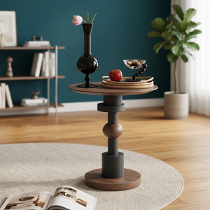 Table basse ronde moderne en bois avec base en métal noir, meubles minimalistes pour salon - Product Image 2