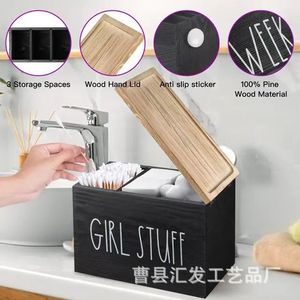 Caja de almacenamiento de tampones de madera maciza con tapa y compartimentos, organizador de escritorio para productos de higiene femenina, forma rectangular, Natural - Product Image 2