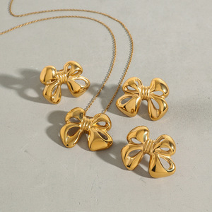 Stainless Steel Bowknot Jewelry <b>Set</b> For Women Gift Fashion Necklace Earrings <b>Ring</b> <b>Gold</b> Color - Product Image 2