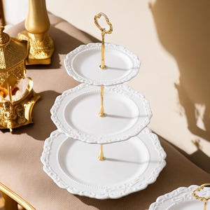 Plateau à gâteaux à trois étages en céramique blanc de luxe européen pour le thé de l'après-midi, plateau à desserts multi-étages pour la maison, les mariages et les restaurants - Product Image 4