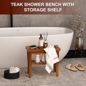 Tabouret de salle de bain double couche en teck, banc de douche en bois massif avec rangement pour adultes et enfants - Product Image 4