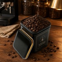 Kaleng Kopi OEM Hitam Emas 87x87x109mm, Wadah Penyimpanan Biji Espresso Persegi Mengkilap dengan Tepi Berlapis Perak untuk Kedai Kopi dan Pabrik Kopi