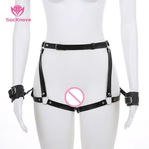 SacKnove 51142 Factory Direct Sale Female Sexy Harness Bar Party Gothic Costume Leather Strap Bdsm Bondage Lingerie With Handcuf