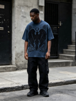 T-shirt Homme Vintage Streetwear Imprimé DTG Kornit Effet Délavé Totem Corbeau Effet Vieilli Pulvérisé Effet Usé Grammage Lourd