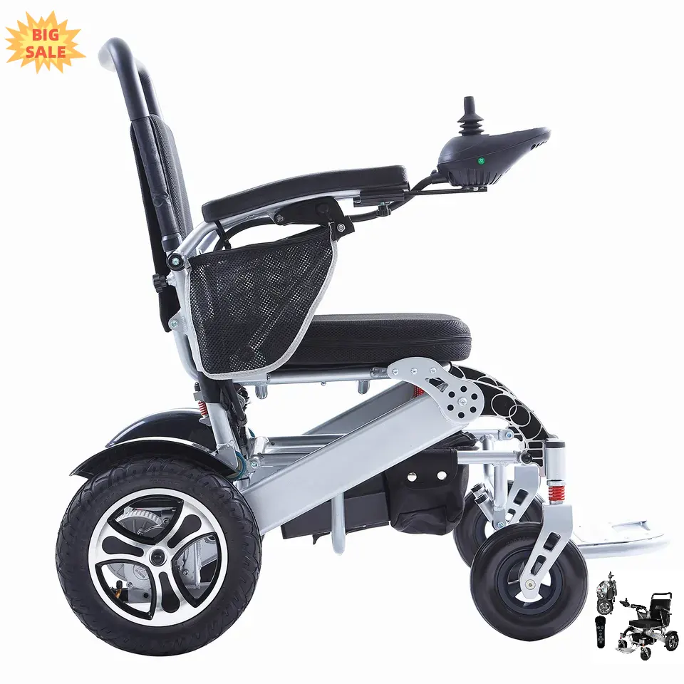 Silla de ruedas eléctrica motorizada comercial de dispositivos médicos de China, silla de ruedas eléctrica portátil plegable con frenos de mano