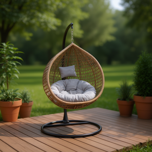Sedia Sospesa in Rattan PE con Telaio in Ferro e Cuscino Grigio, Sedia Moderna per il Relax, Arredamento per Soggiorno - Product Image 2