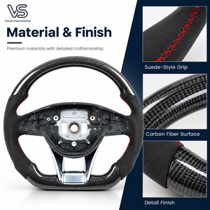Volante de Fibra de Carbono con Base Plana MC205CF para Mercedes Benz Clase C W205, Agarre Estilo Gamuza, Costuras Rojas - Product Image 6