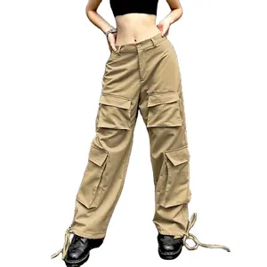 กางเกงคาร์โก้ผู้หญิงทรงหลวมมีหลายกระเป๋าแฟชั่นกางเกงแนวสตรีทย้อนยุคใหม่