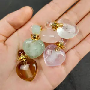 Hình Trái Tim Tự Nhiên Pha Lê Đá Mặt Dây Chuyền Dầu Khuếch Tán Chai Nước Hoa Màu Xanh Lá Cây Fluorite Charm Thạch Anh Pha Lê Vòng Cổ