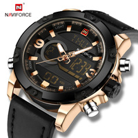 NAVIFORCE Jam Tangan Digital Olahraga Militer Pria, Jam Tangan Digital Kuarsa Kulit Analog Pria 9097