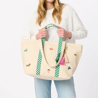 Sac fourre-tout en toile brodée grande capacité pour femme, sac à bandoulière réutilisable pour la plage, les voyages et le shopping avec sangle à carreaux.