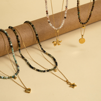 Kalung Choker Baja Anti Karat Berlapis PVD 18K dengan Liontin Berbentuk Hati, Bunga, Bintang, dan Koin, Berhiaskan Batu Permata Alami Dua Lapis Gaya Boho