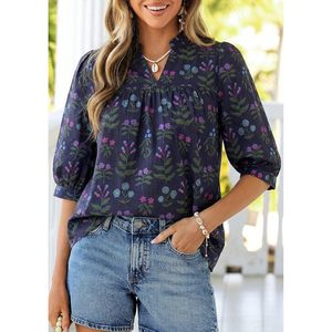 Chemise à fleurs pour femmes, manches courtes, col en V, style bohème, en mousseline de soie respirante, pour le printemps et l'été, décontractée, à porter tous les jours - Product Image 2