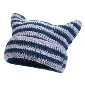 2024 New Little Devil Handmade Crocheted Wool Hat Striped Hat Cute Cat Ears Warm Beanie